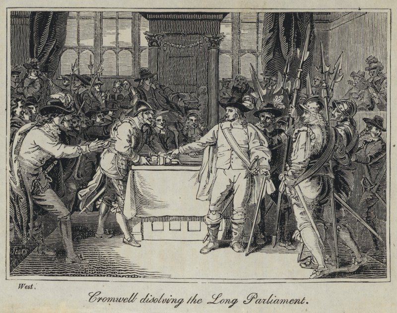 Cromwell oppløser det lange parlamentet (gravering) av English School