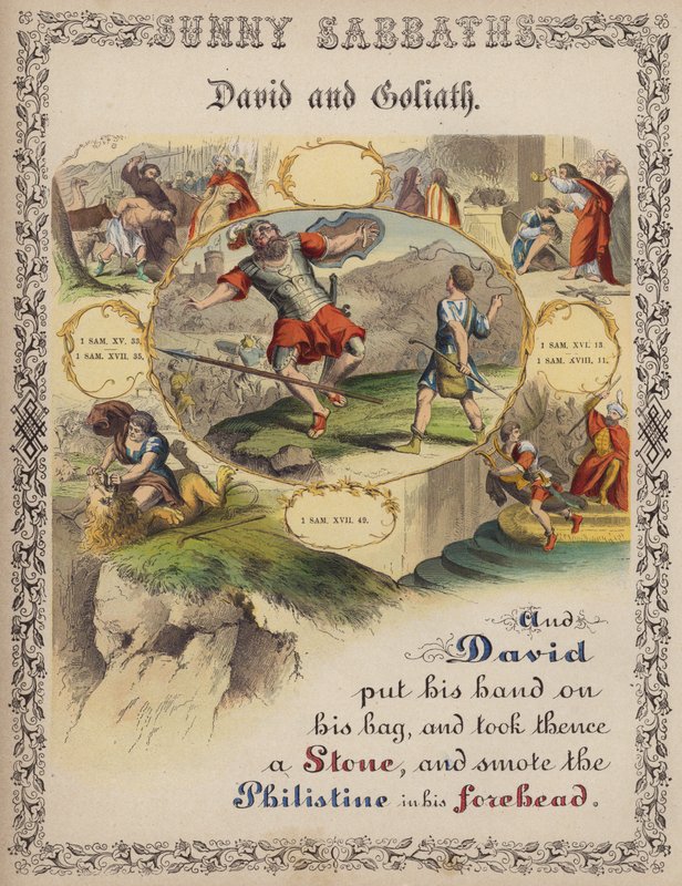 David og Goliat (farget gravering) av English School