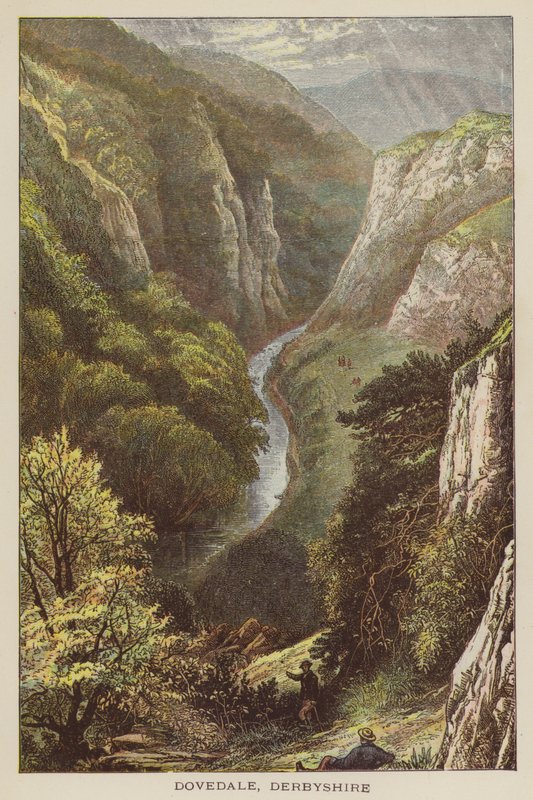 Dovedale, Derbyshire (farget gravering) av English School