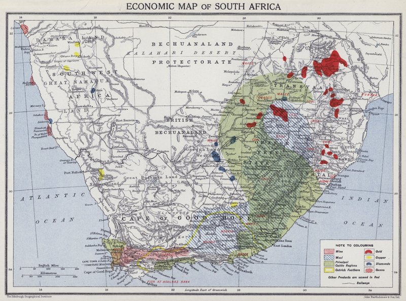 Økonomisk kart over Sør-Afrika (farge litho) av English School