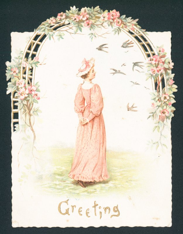 Elegant dame som står under buegang, julekort av English School