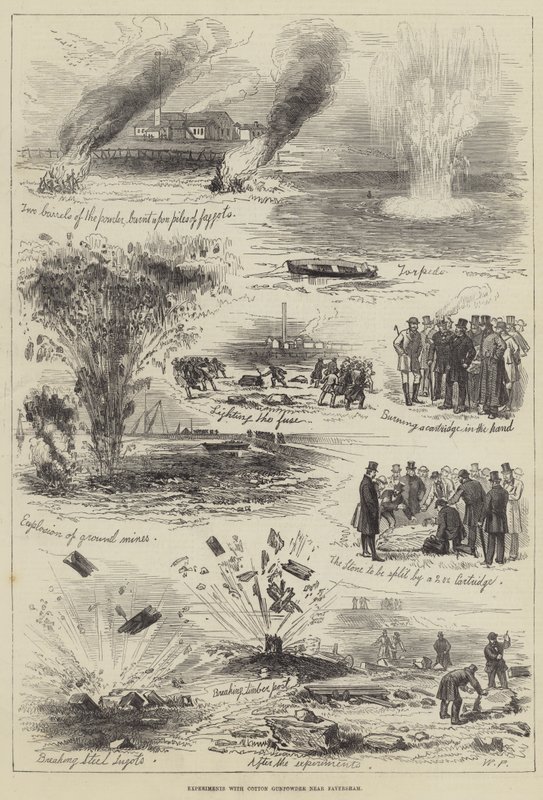 Eksperimenter med Cotton Gunpowder nær Faversham (gravering) av English School