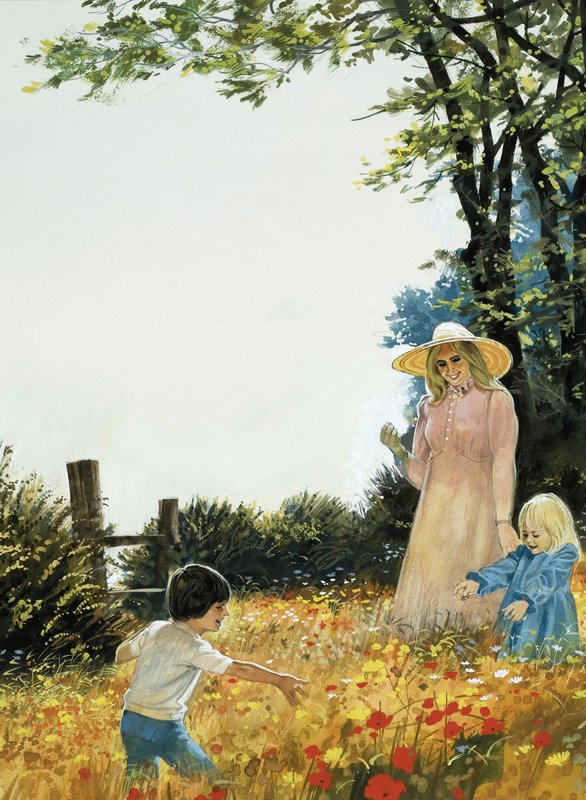 Familie i blomstrende felt av English School