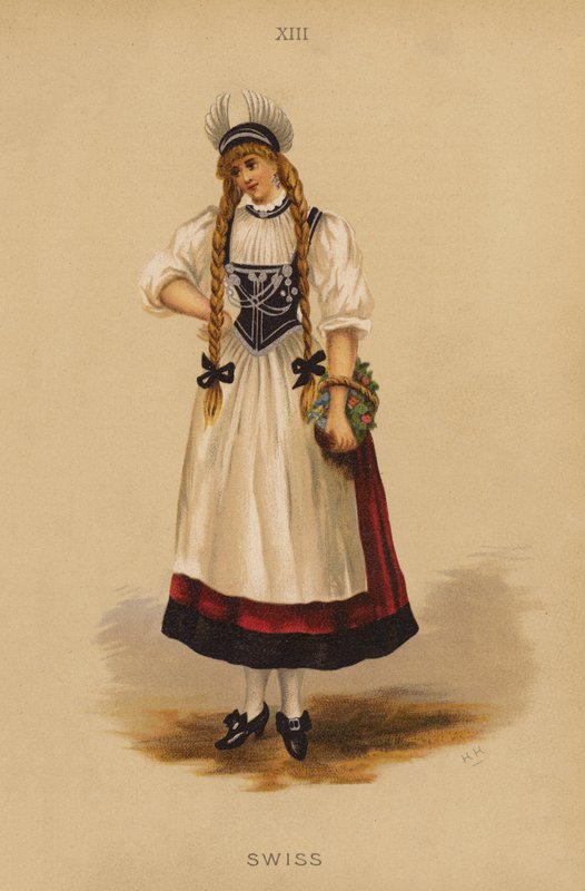 Fancy kjole antrekk: Swiss (farge litho) av English School