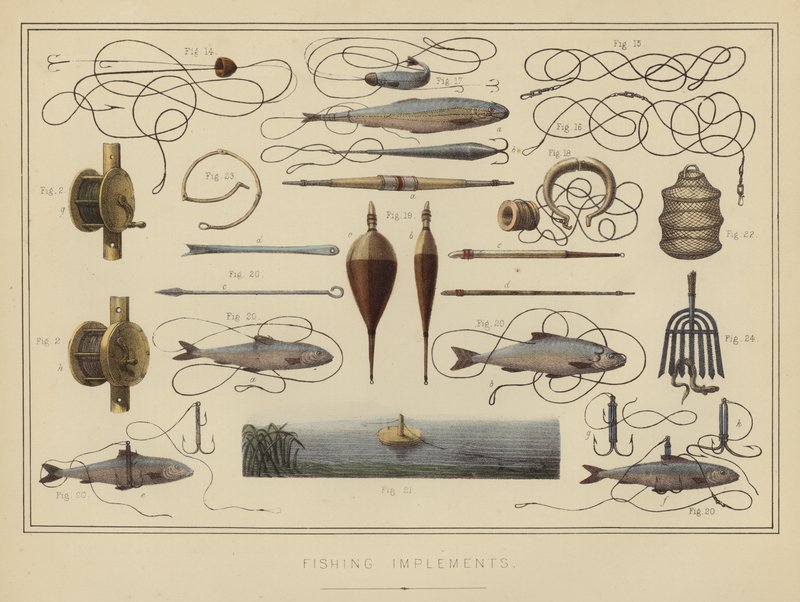 Fiskeredskaper (farge litho) av English School