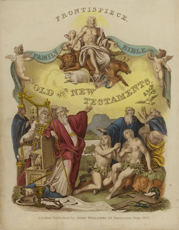 Frontispice fra en familiebibel (farge litho) av English School
