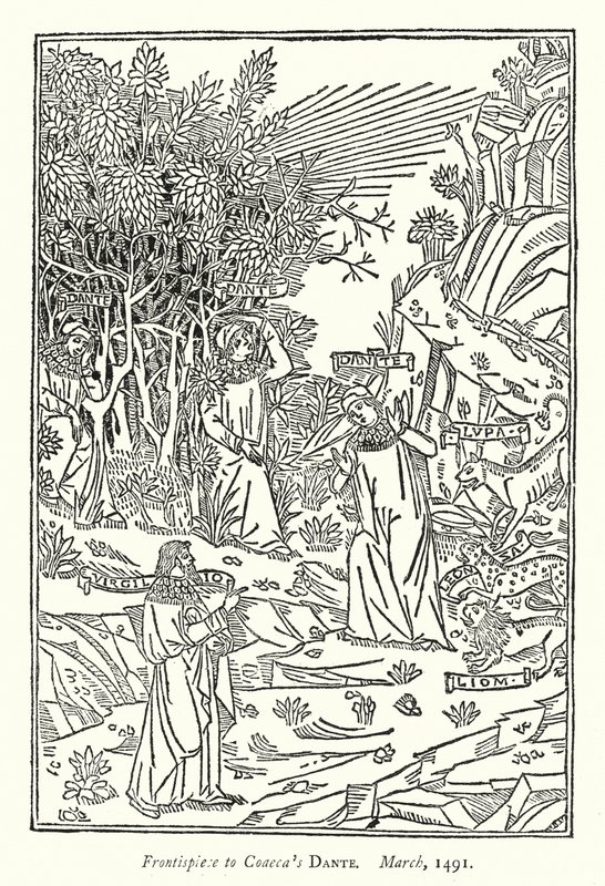 Frontispice til Coaecas Dante, mars 1491 (gravering) av English School
