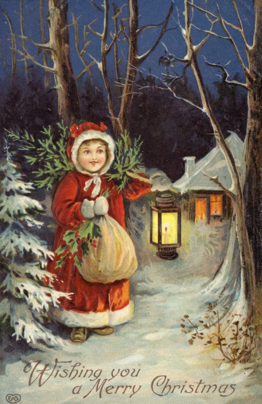 Jente i julemandsantrekk (farge litho) av English School