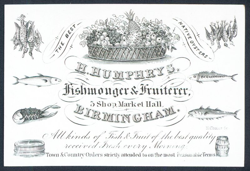 H Humphrys, fiskehandler og frukthandler, handelskort av English School