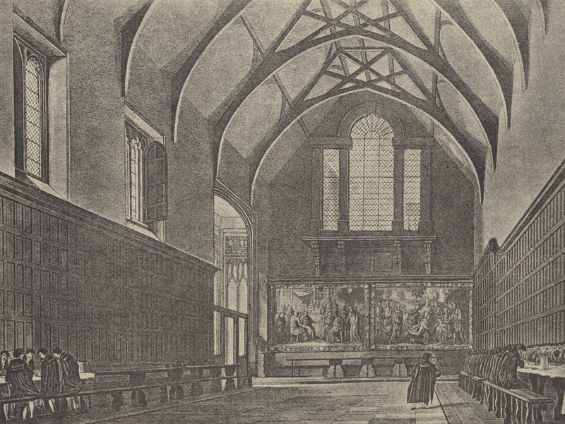 Interiør i hallen, 1816 (gravyr) av English School