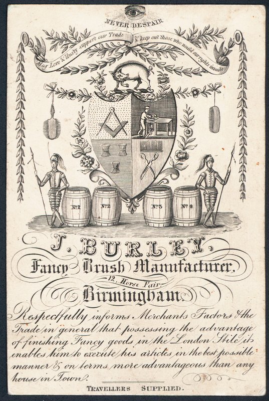 J Burley, Fancy Brush Manufacturer, handelskort av English School