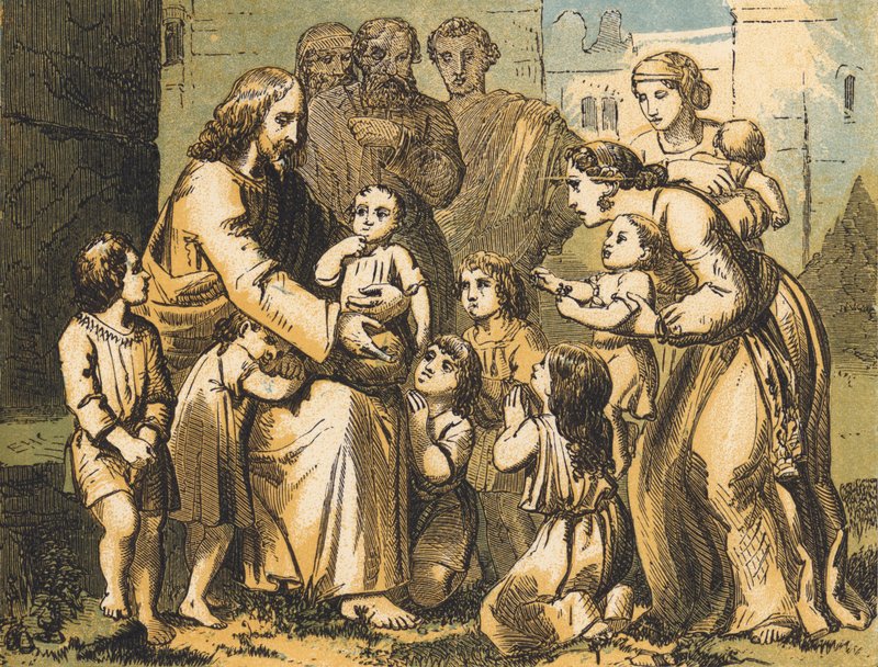 Jesus velsigner små barn (farget gravering) av English School