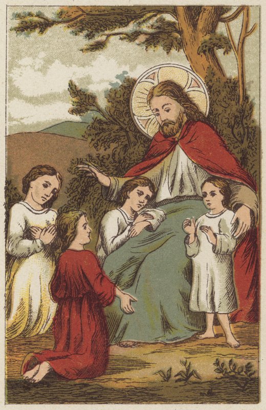 Jesus Kristus og barn (farge litho) av English School