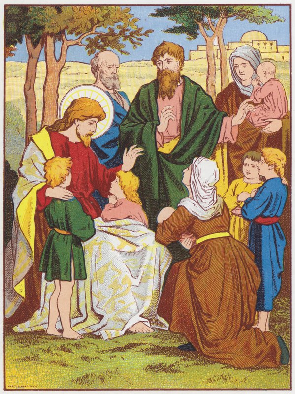 Jesus Kristus velsigner små barn (farge litho) av English School