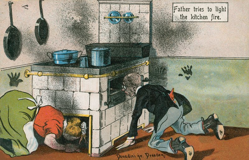 Tenning av kjøkkenpeisen (farge litho) av English School