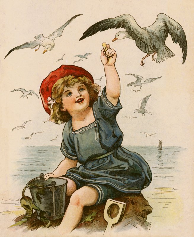 Liten jente mater måker (farge litho) av English School