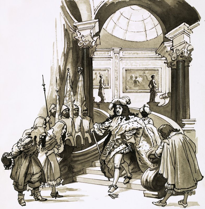 Ludvig XIV går ned trappene i Versailles av English School