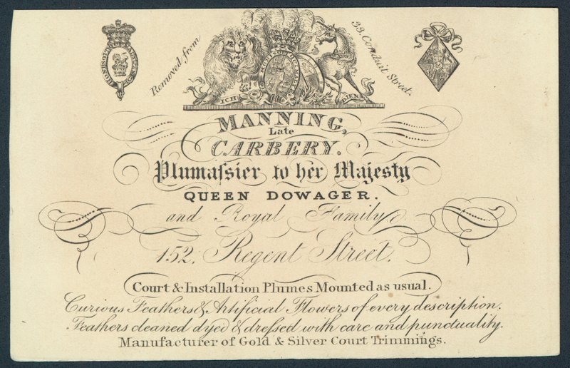 Manning, sen Carnery, plumassier, handelskort av English School