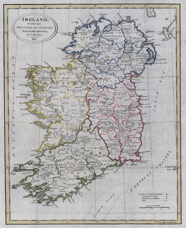 Kart over Irland (farget gravering) av English School