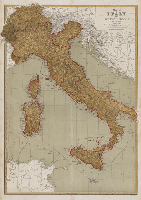 Kart over Italia og Sveits (farge litho) av English School
