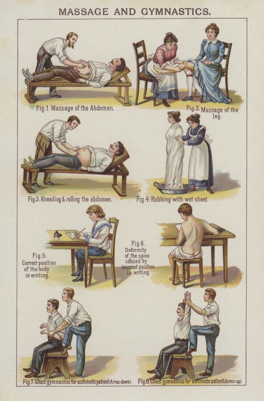 Massasje og gymnastikk (farge litho) av English School
