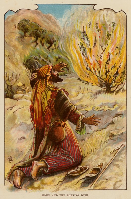 Moses og den brennende busken (farge litho) av English School