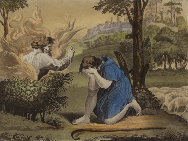 Moses og den brennende busken (farge litho) av English School