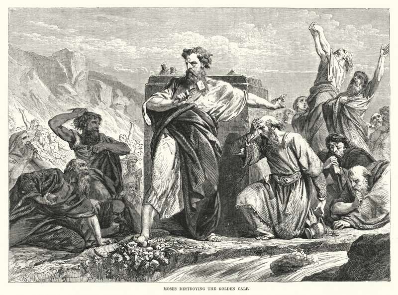 Moses ødelegger gullkalven (gravering) av English School