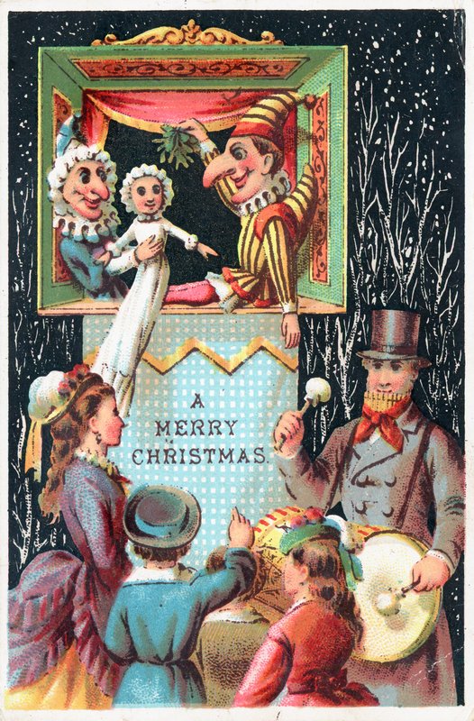 Mr Punch holder misteltein, julekort av English School