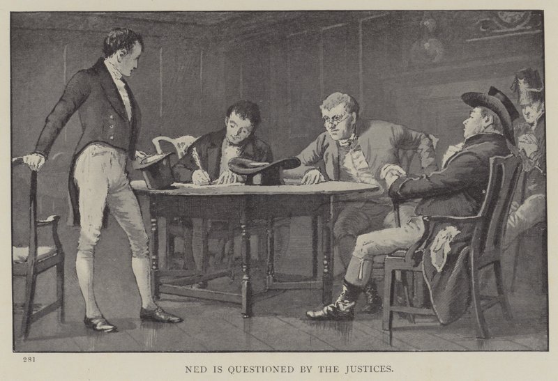 Ned blir avhørt av dommerne (litho) av English School