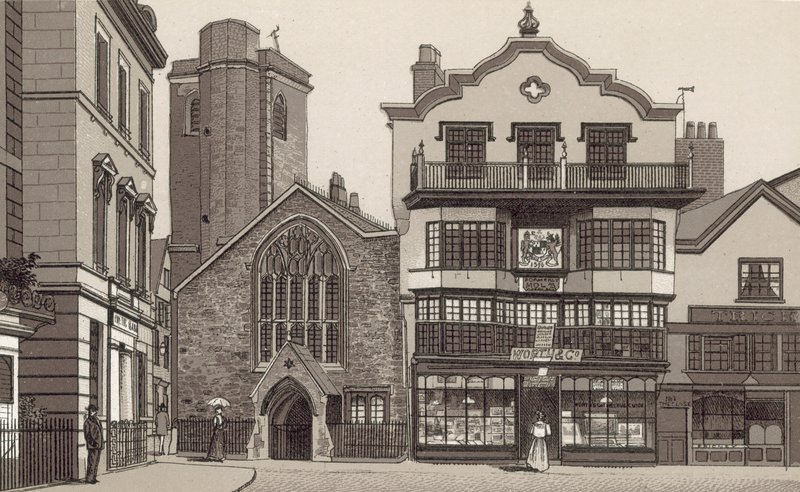 Gamle hus i Cathedral Yard (litho) av English School