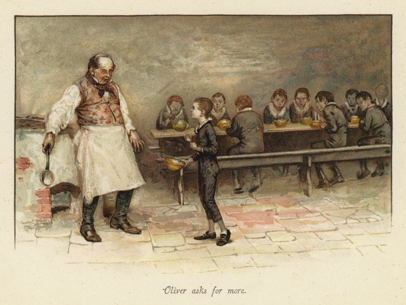 Oliver ber om mer (chromolitho) av English School
