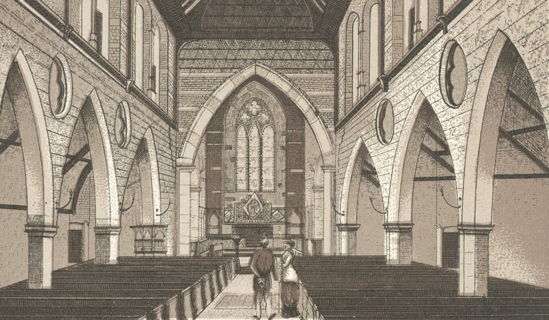 Penarth Church, interiør (litho) av English School