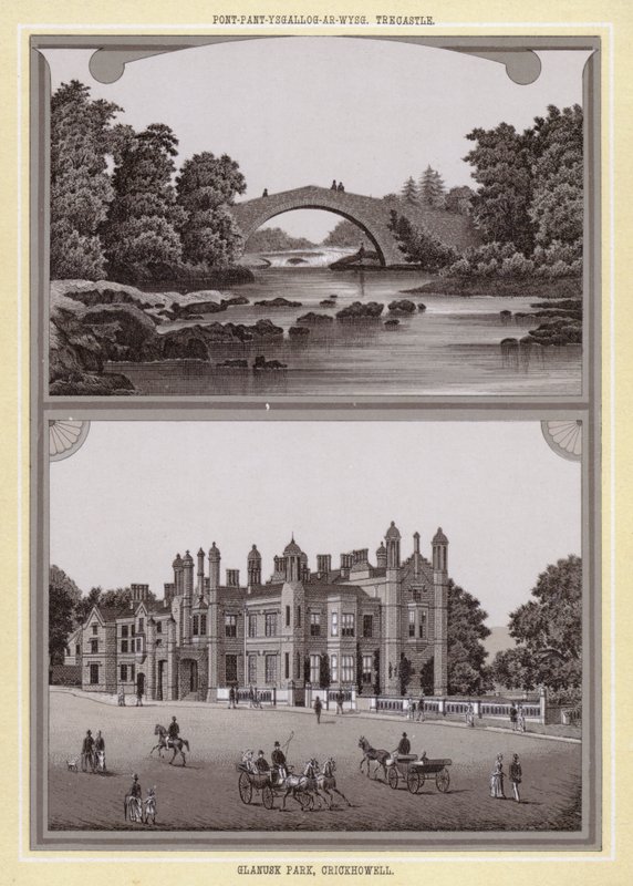 Pont-pant-scallog-on-usg, Trecastle; Glanusk Park, Crickhowell (litho) av English School