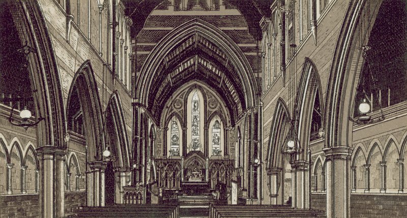 Privett kirke, interiør (litho) av English School