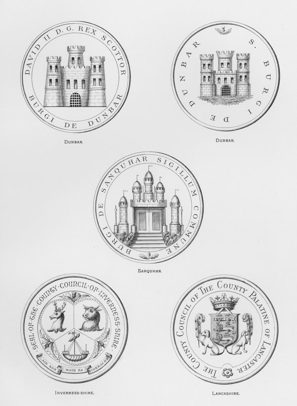 Offentlige våpen: Dunbar; Sanquhar; Inverness-shire; Lancashire (gravering) av English School