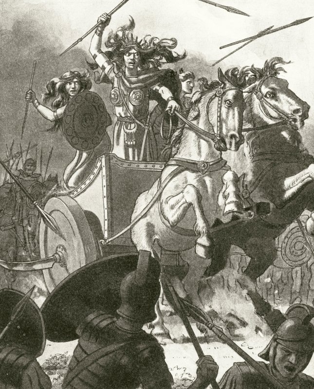Dronning Boadicea i sin vogn (litho) av English School