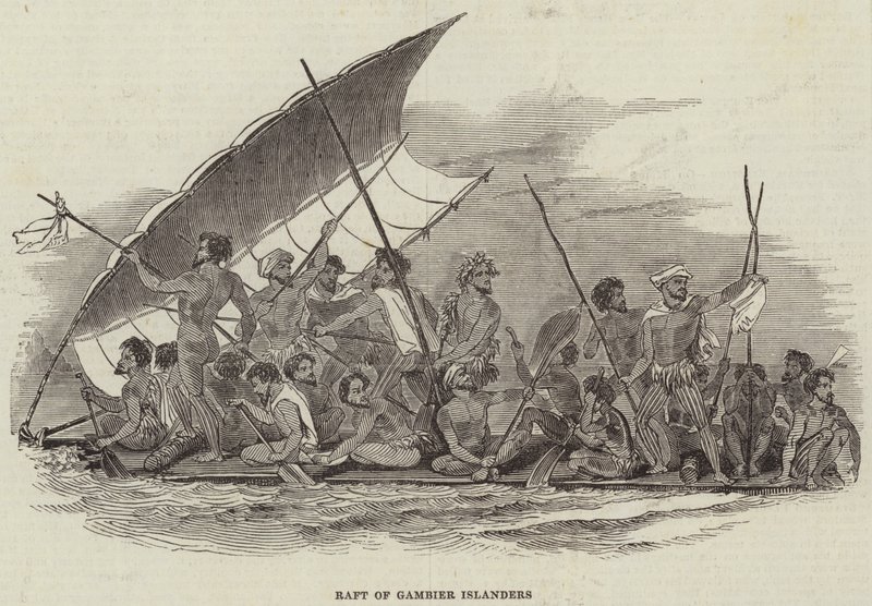 Flåte av Gambier Islanders (gravering) av English School
