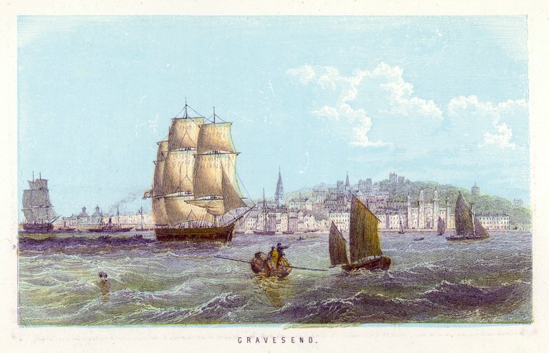 Themsen: Gravesend (farget gravering) av English School