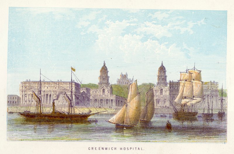 Themsen: Greenwich Hospital (farget gravering) av English School