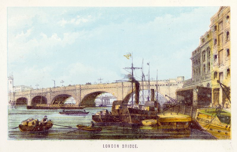 Themsen: London Bridge (farget gravering) av English School
