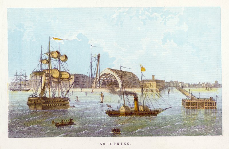 Themsen: Sheerness (farget gravering) av English School