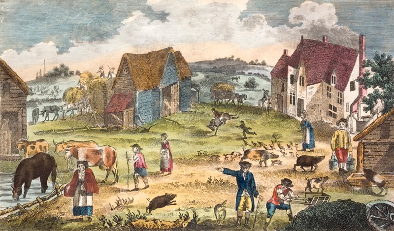 Rustikk gårdstunscene (farget gravering) av English School