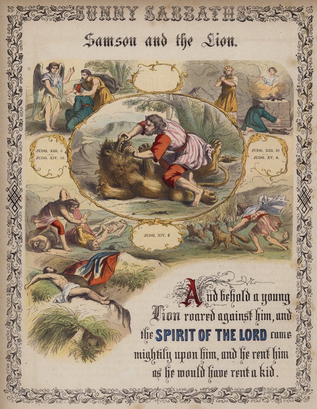 Samson og løven (farget gravering) av English School