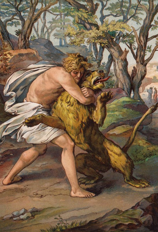 Samson dreper løven (chromolitho) av English School