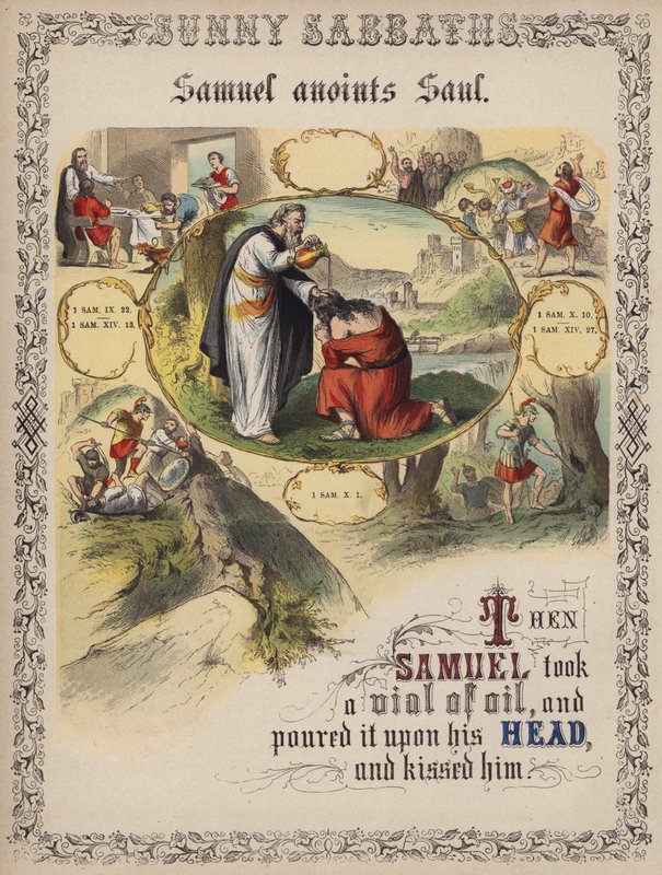 Samuel salver Saul (farget gravering) av English School