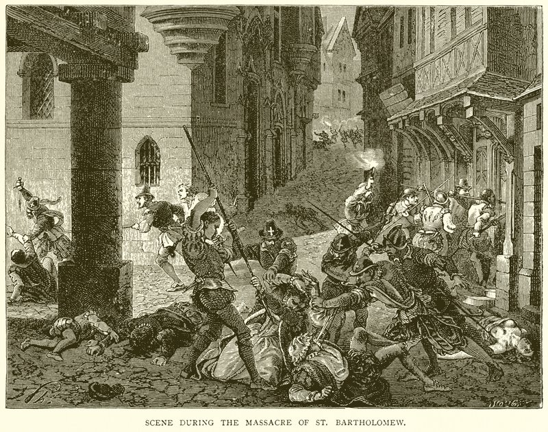 Scene under massakren på St. Bartholomew av English School