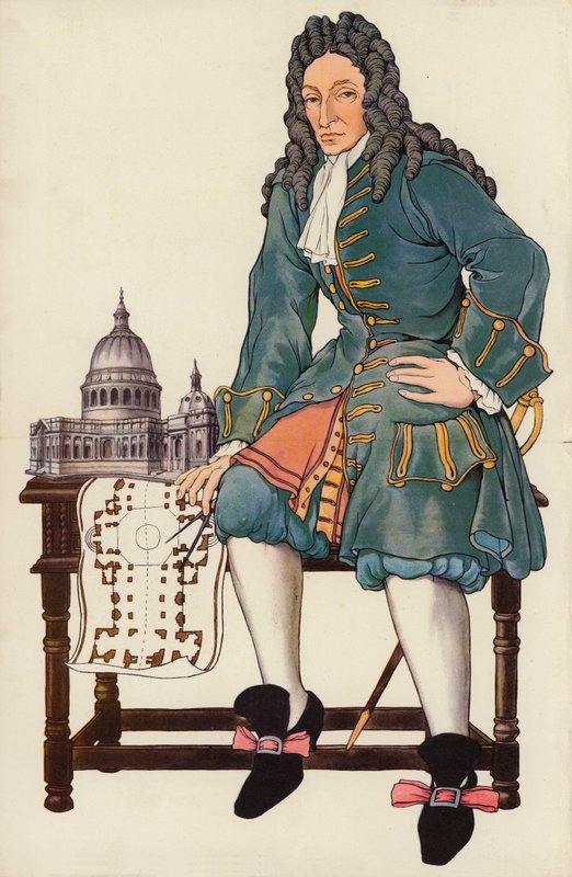 Sir Christopher Wren (farge litho) av English School