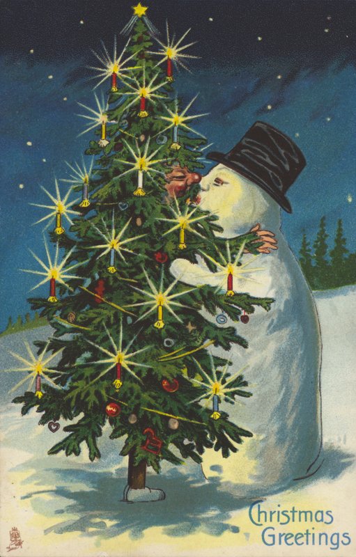 Snømann og juletre kysser (chromolitho) av English School
