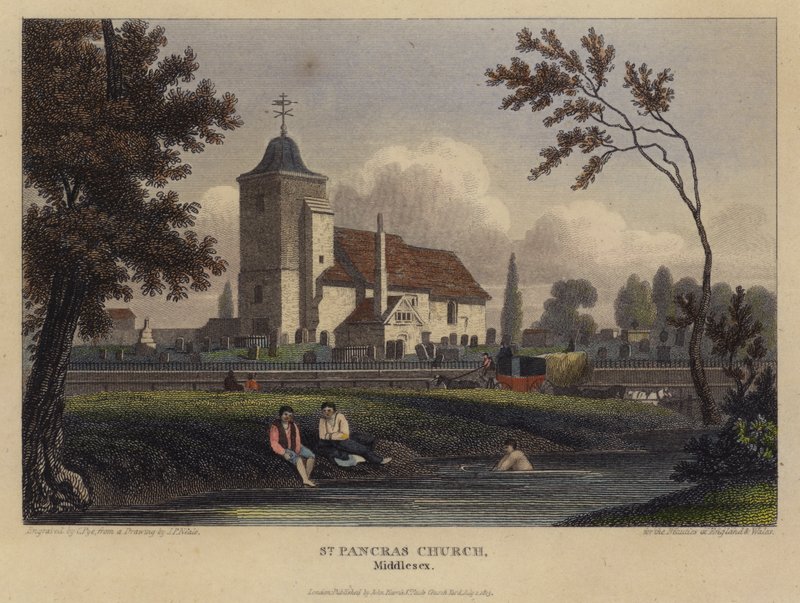 St Pancras Church, Middlesex (farget gravering) av English School